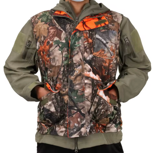 Men’s Orange Camouflage Hunting Vest – Breathable Multi-Pocket Waistcoat
